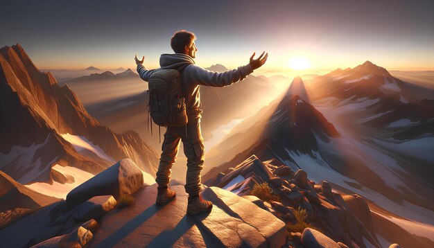 Adventurer embracing sunrise on a mountain peak