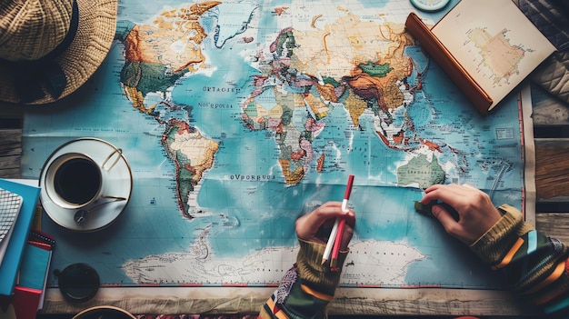 Foto un avventuriero sta pianificando il suo prossimo viaggio sta guardando una mappa del mondo e segnando i luoghi che vuole visitare