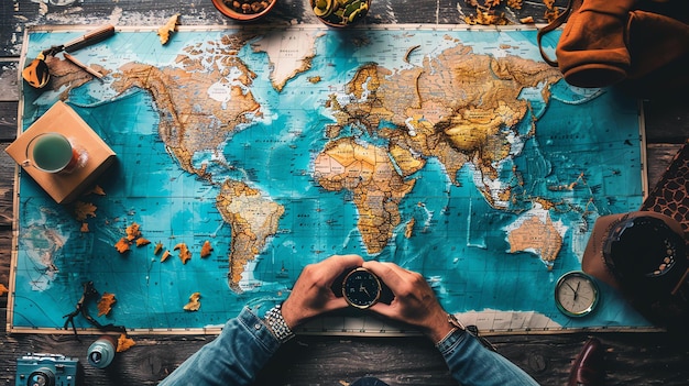 An adventurer is planning his next trip He has a world map spread out on a wooden table He is holding a compass in his hands