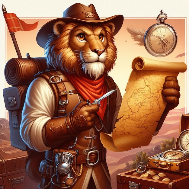 Adventurer lion wearing adventurer outfit holding a map