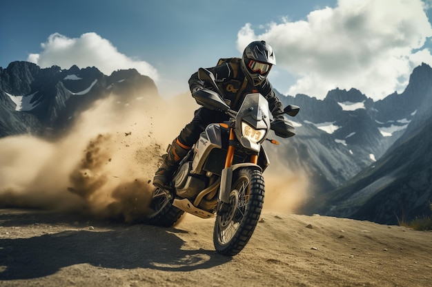 Adventurer motorcyclist riding dirt bike through the mountains alps with cloud of dust speed motion