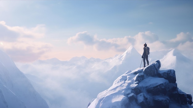 Adventurer stand atop snow mountain digital art illustration Generative AI