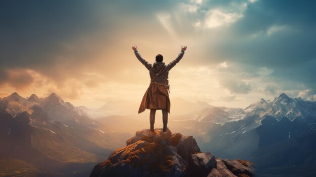 Adventurer standing on the top of the mountain