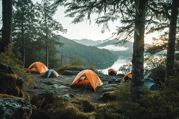 Adventurers camping in scenic wilderness locations in mountain