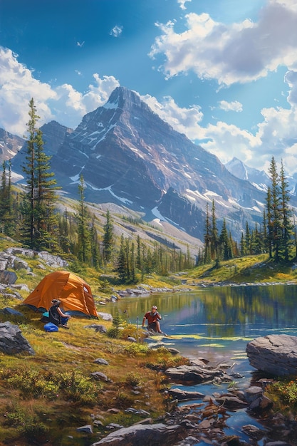 산 의 경치 좋은 야생 지역 에서 캠핑 하는 모험가 들