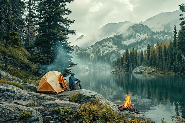 산의 경치 좋은 야생 지역에서 캠핑하는 모험가들