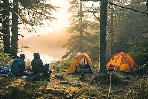 Adventurers camping in scenic wilderness locations in mountain