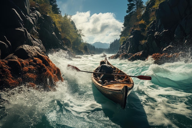 Photo adventurers in canoa face thrilling turquoise rapids generative ia