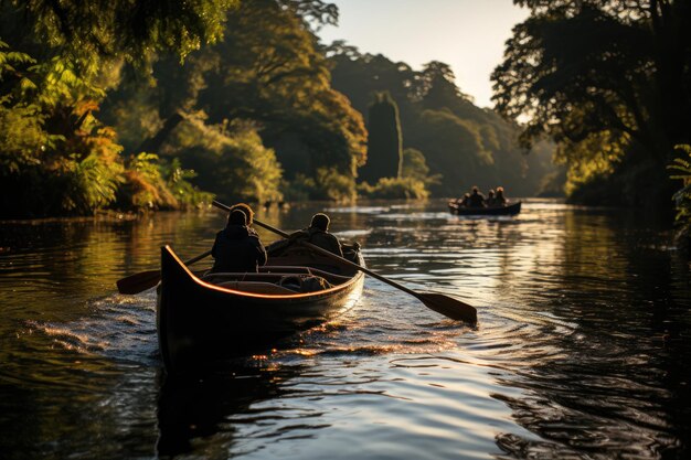 Photo adventurers explore a winding river in canoa to dusk generative ia