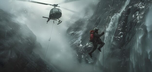 Adventurers Exploring Icy Waterfall with Helicopter