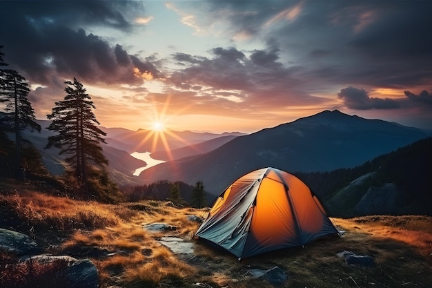 冒険キャンプ観光客と素晴らしい山の風景の下でテントテントでのドラマチックな景色