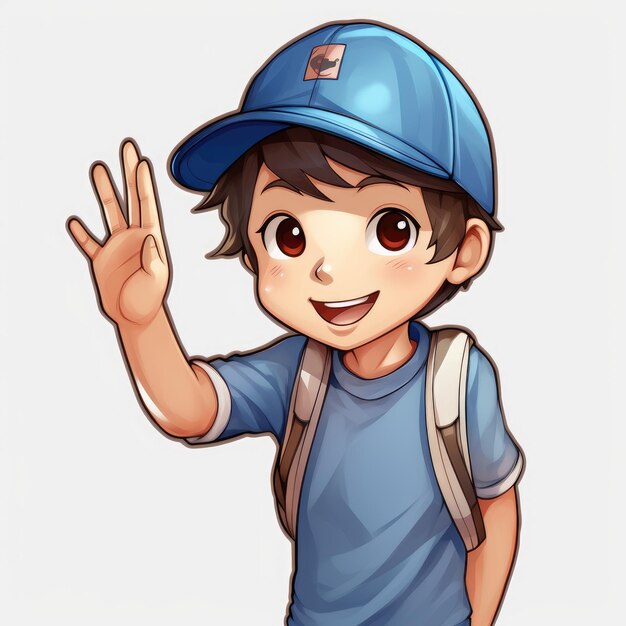 The Adventures of the Little Boy A Cartoon Sticker with a Blue Baseball Cap Says Goodbye A Charmi