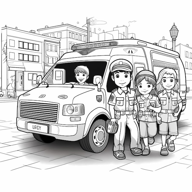 Foto libro da colorare per bambini con camion ambulanza animato avventure su ruote