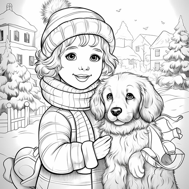 Foto avventure con gli amici pagine da colorare per bambini con una ragazza, un ragazzo e un cane