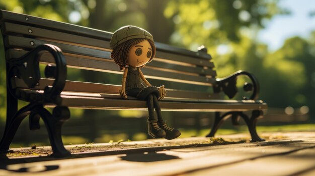 Adventurethemed Doll On Park Bench A Cinematic 4d Render