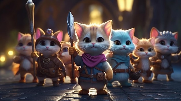 adventuring group of cute tiny hyperrealistic cat withGenerative AI