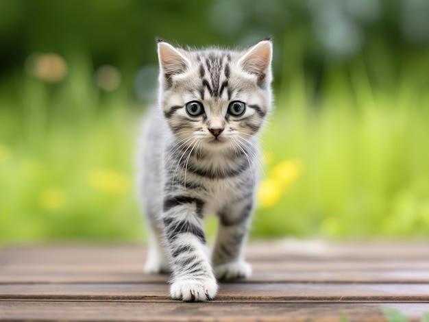 冒険好きなアメリカンショートヘアの子猫の夏の屋外散歩