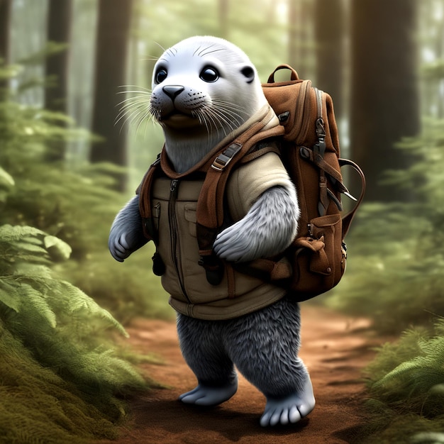 Adventurous Anthro Seal Cub Detailed Hike Through the Woods