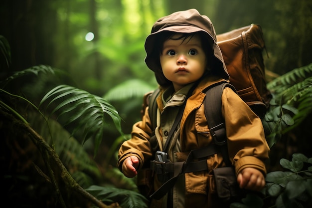 An adventurous baby eager to discover the world dressed as an adventurous explorer in the jungle