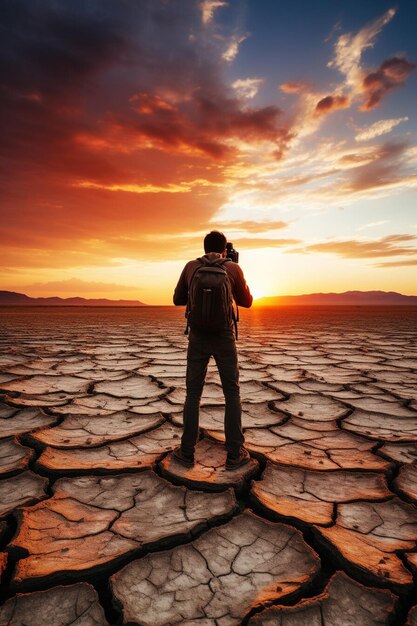 Photo adventurous backpacker photographer standing in desert and looking at the beautiful landscape