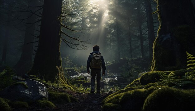 Foto un ragazzo avventuroso sta esplorando una foresta sconosciuta.