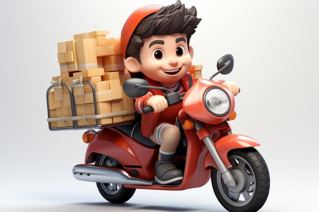 Photo adventurous cartoon character with a delivery on a motorbike generative ai