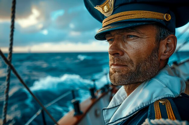 Photo adventurous caucasian captain navigating the open sea commanding from the deck