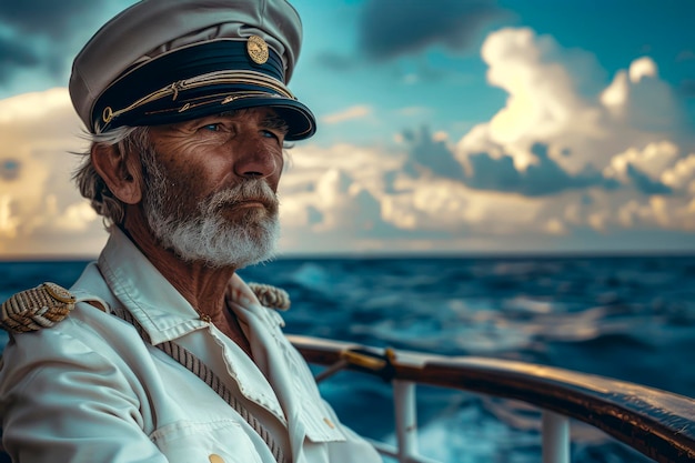 Photo adventurous caucasian captain navigating the open sea on the deck of his ship