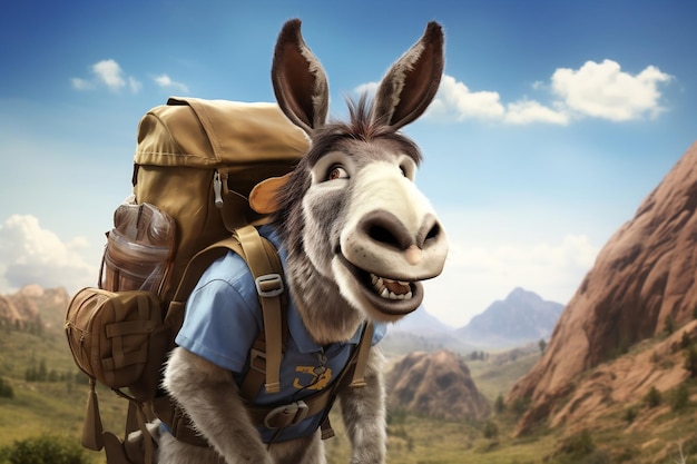 Adventurous companion helpful donkey wearing backpack generative by ai