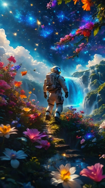 Adventurous cosmic traveler standing before a majestic waterfall surrounded by lush flora