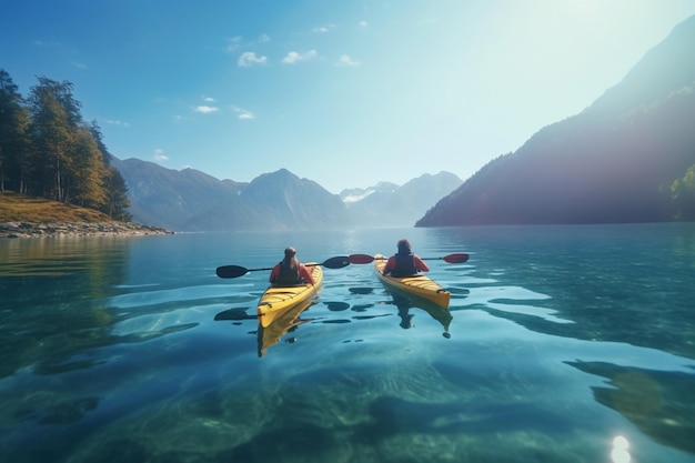 An adventurous couple enjoying kayaking on a serene lake AI generated