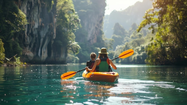 An adventurous duo kayaking through tranquil waters flanked by towering cliffs and lush forests