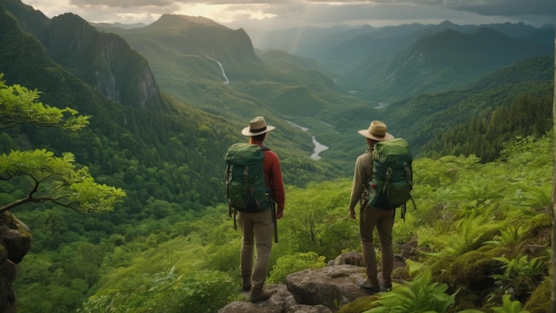 Adventurous duo with backpacks standing on the edge of a cliff and looking at a beautiful landscape