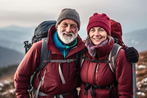 Adventurous Elderly Couple Embarks on a Joyful Trekking Expedition in the Majestic Mountains AI gen