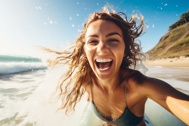 Adventurous female surfer having fun at the beach in summer AI Generated