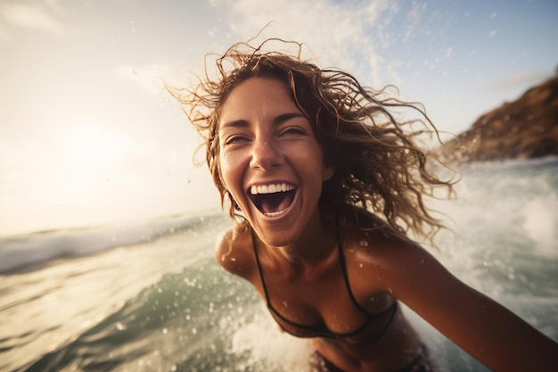 Adventurous female surfer having fun at the beach in summer