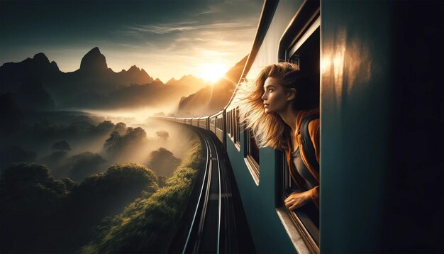 Adventurous Female Traveler Marvels at Landscape from Train