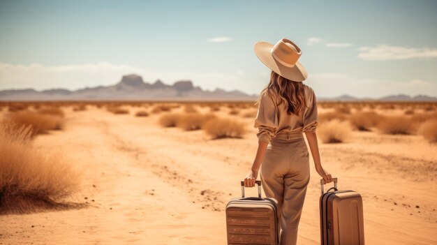 Adventurous female with suitcase in vast desert landscape under blue sky exploration and travel concept generative ai