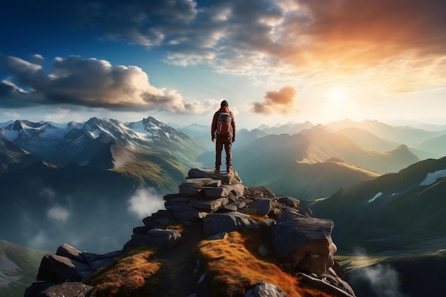 Adventurous Hiker Summit View of Breathtaking Mountain Scenery Generative AI