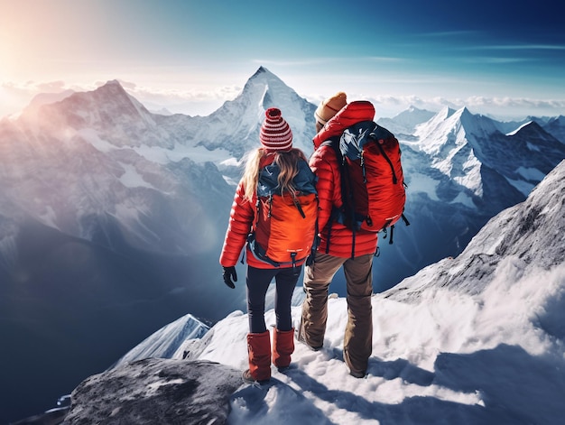 Adventurous Hikers Embracing the Majestic Mountain Landscape with Backpacks Generative AI