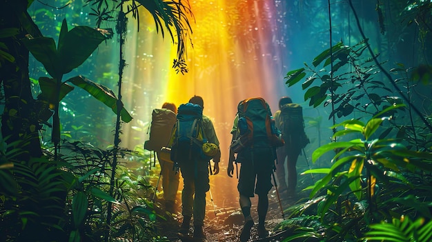 Photo adventurous hikers trekking in a lush rainforest at sunrise