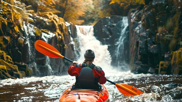 Adventurous Kayaker Approaching a Waterfall Surrounded by Rugged Nature Outdoor Extreme Sport Concept Captured in Vibrant Colors AI