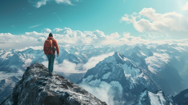 Приключенческий турист, стоящий на вершине ледяной вершины с скалистыми горами на заднем плане