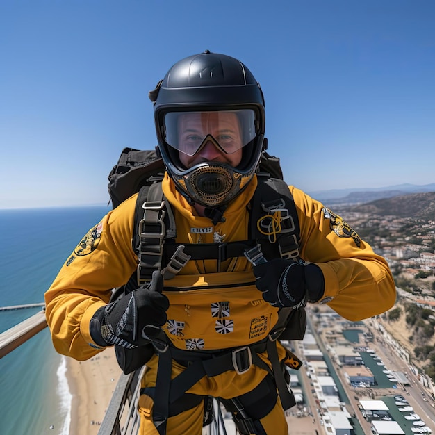 Adventurous man in a jump suit and parachute