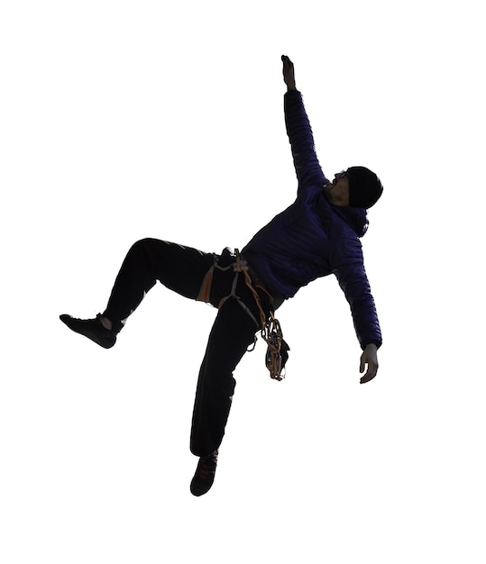 Adventurous Man Rock Climbing Isolated on White Background