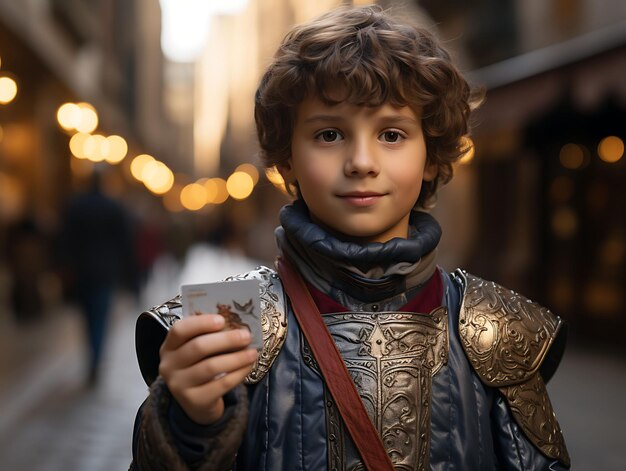 An Adventurous Medieval Kid Dressed as a Business Card With Creative Photoshoot Design