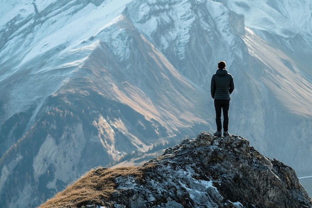 Adventurous Person Standing on SnowCapped Mountain Peak