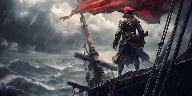 Adventurous pirate wearing a tattered red bandana and an eyepatch standing on the bow of a weathered wooden ship Generative ai