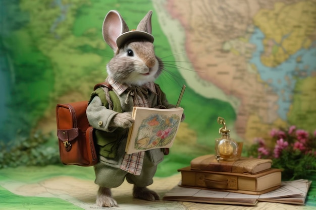 Photo adventurous rabbit cartographer with world map