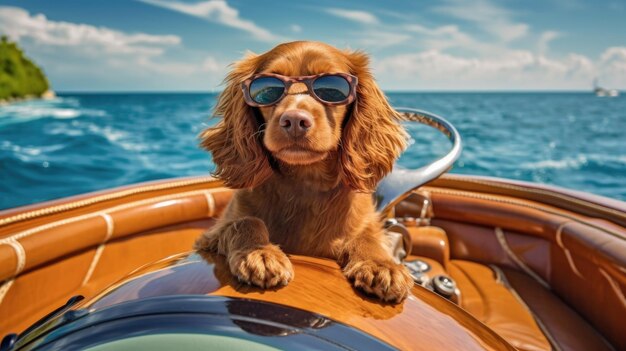 Adventurous red Cocker Spaniel dog sporting stylish glasses sails on a boat across the endless sea generated ai